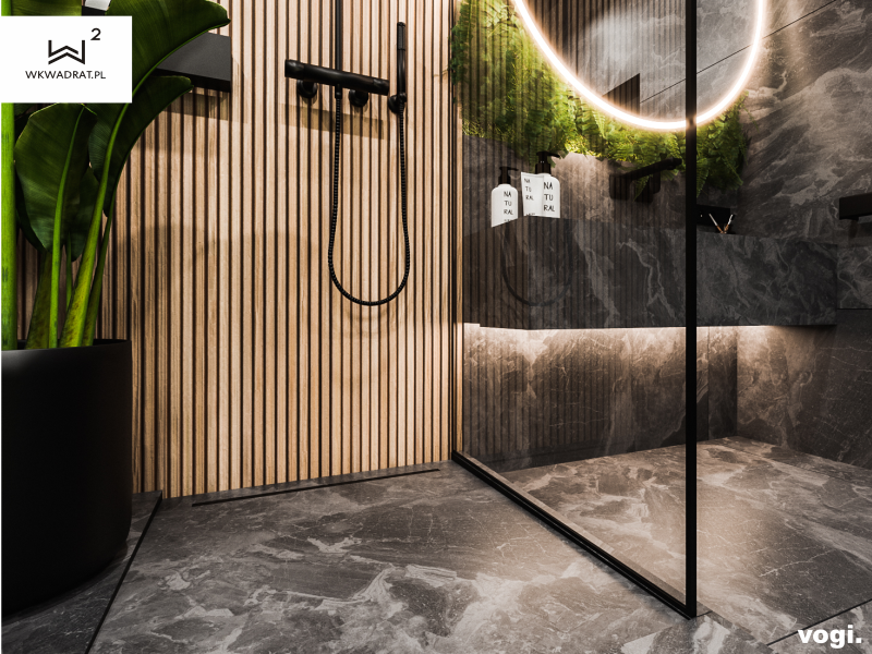Łazienka z prysznicem bez brodzika i odpływem liniowym Ultra Slim BLACK Vogi, projkekt łazienki Wkwadrat3